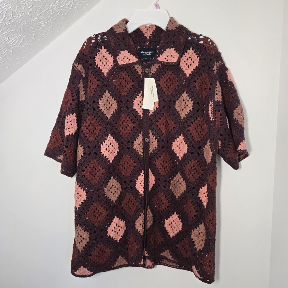 Abercrombie & Fitch Mens Crochet Button Up Shirt Brown Diamond Knit Medium NWT
